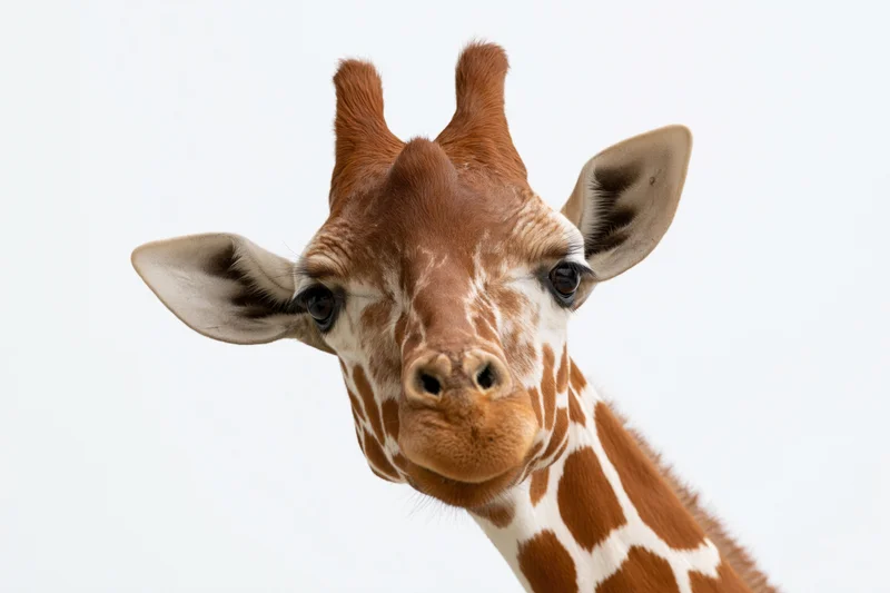 Reticulated giraffe head and neck angled diagonally against white background