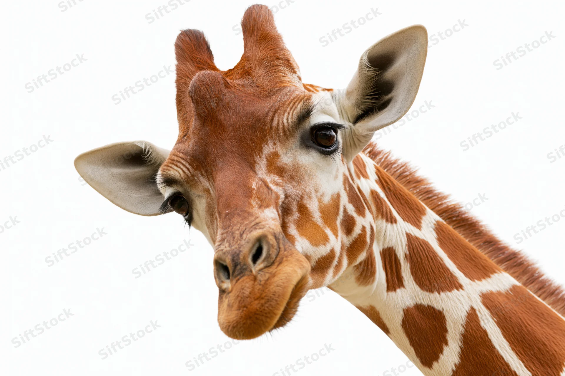 Reticulated giraffe head and neck angled diagonally against white background