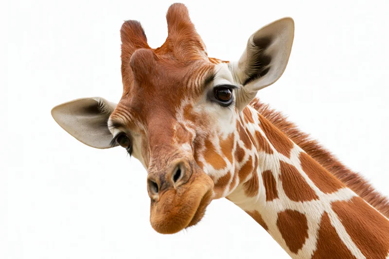 Reticulated giraffe head and neck angled diagonally against white background