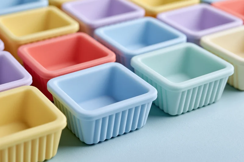 Rows of empty square silicone baking molds arranged in a grid on a light blue surface