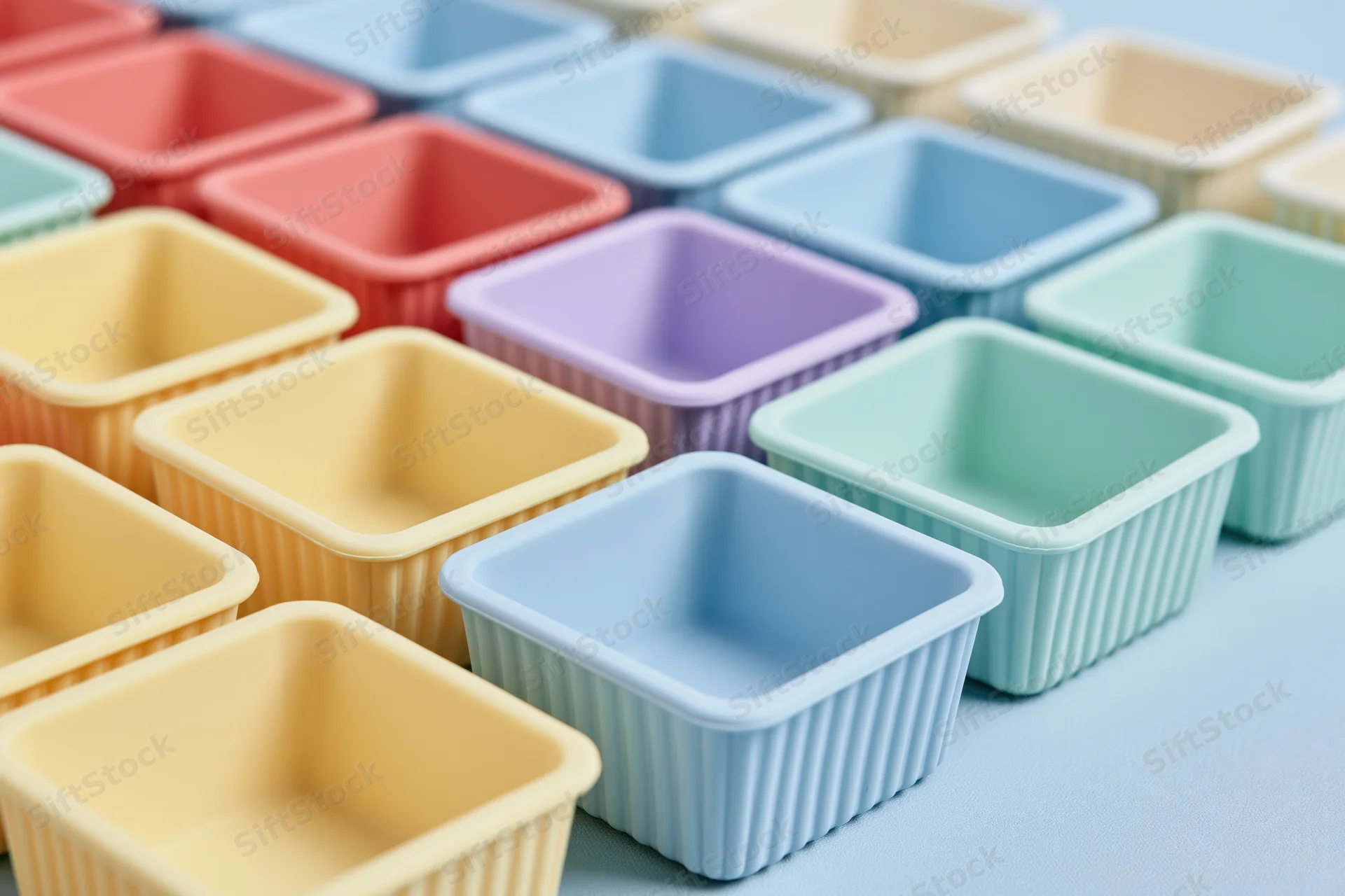 Rows of empty square silicone baking molds arranged in a grid on a light blue surface