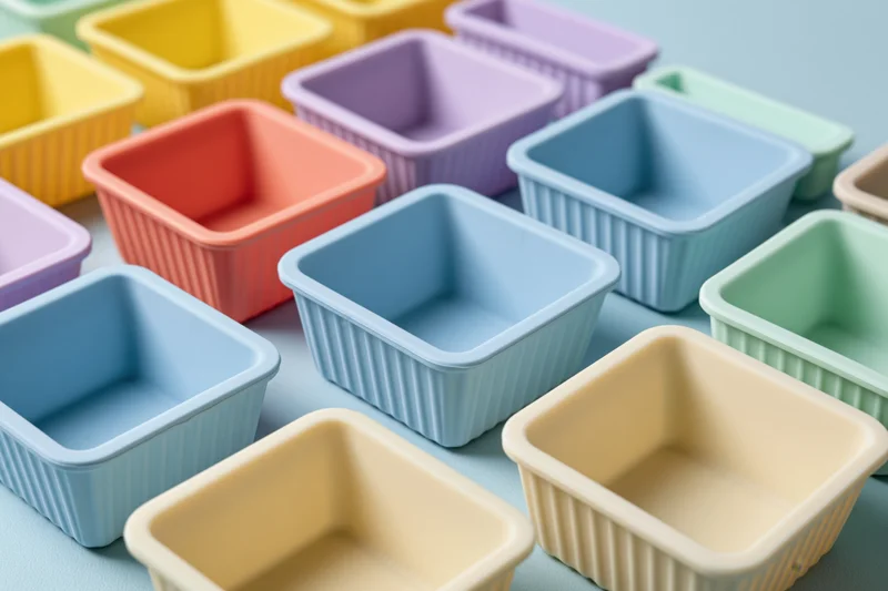 Rows of empty square silicone baking molds arranged in a grid on a light surface