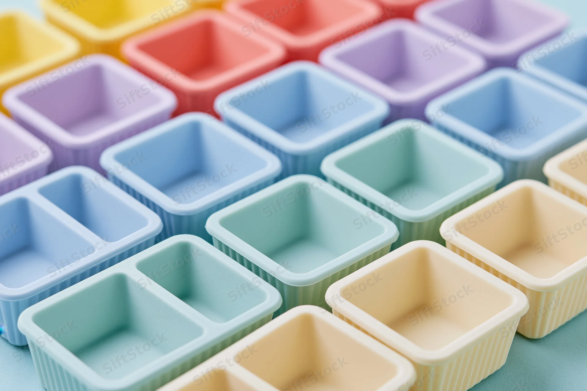Rows of empty square silicone baking molds arranged in a grid on a light blue surface