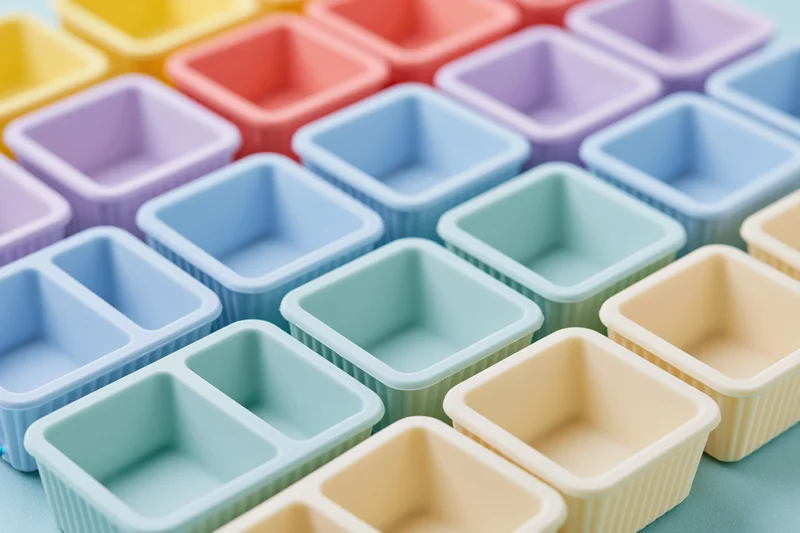 Rows of empty square silicone baking molds arranged in a grid on a light blue surface