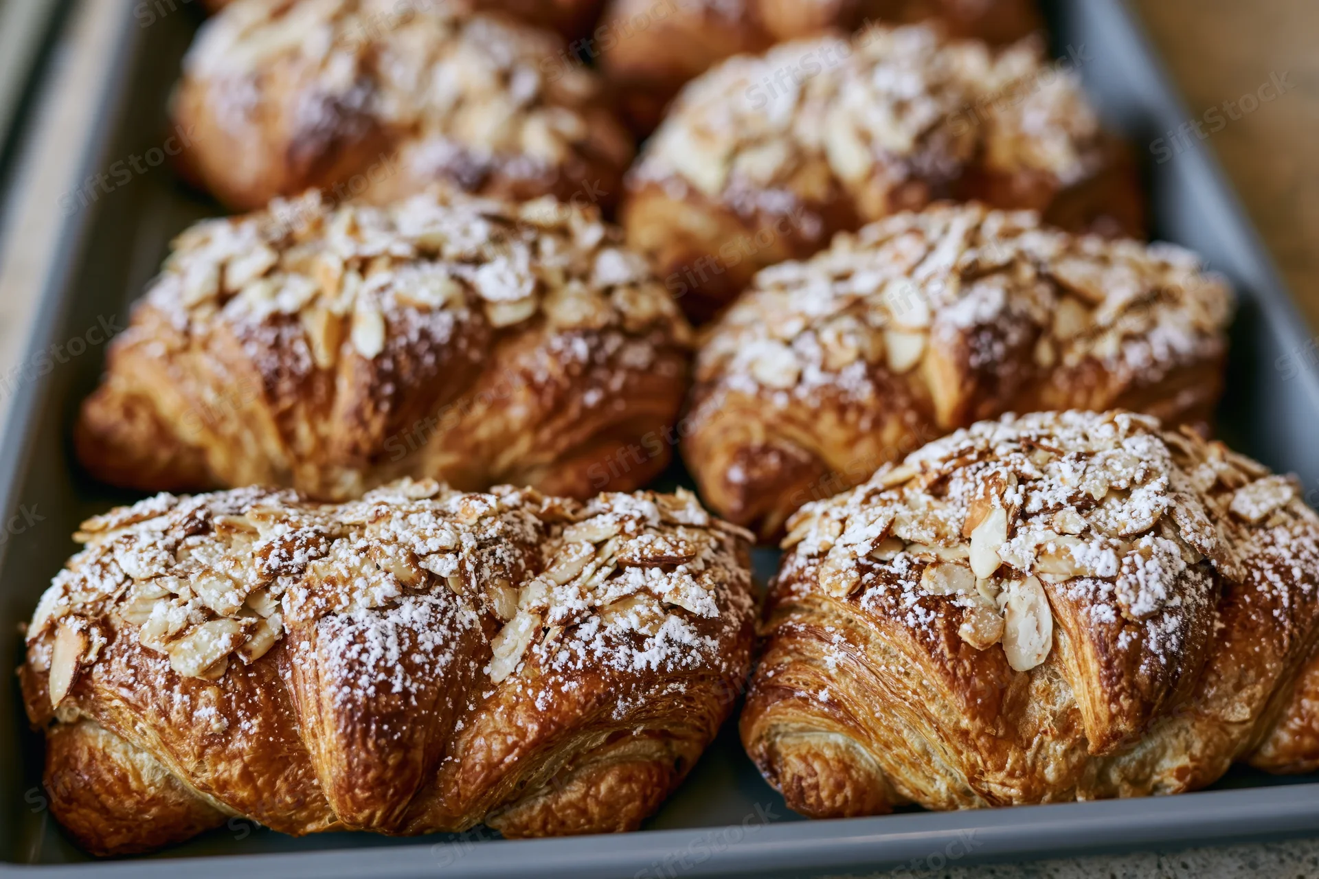 Freshly baked almond croissants arranged in rows on a metal tray