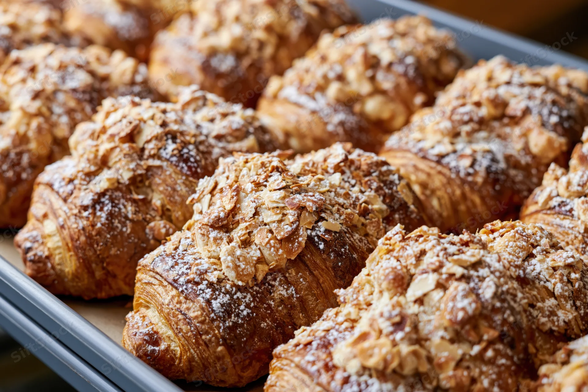 Rows of freshly baked almond croissants arranged tightly on a metal tray