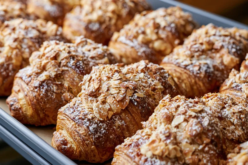 Rows of freshly baked almond croissants arranged tightly on a metal tray