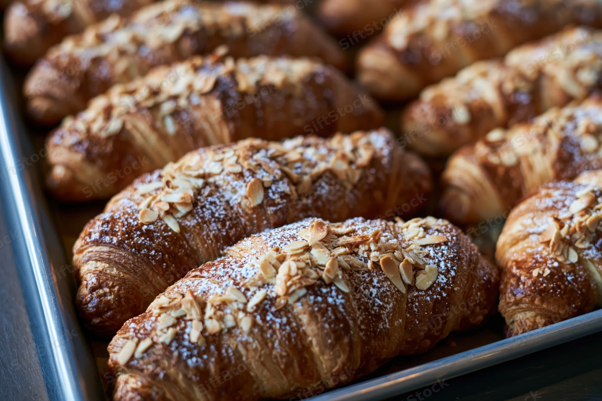 Rows of freshly baked almond croissants arranged tightly on a metal tray
