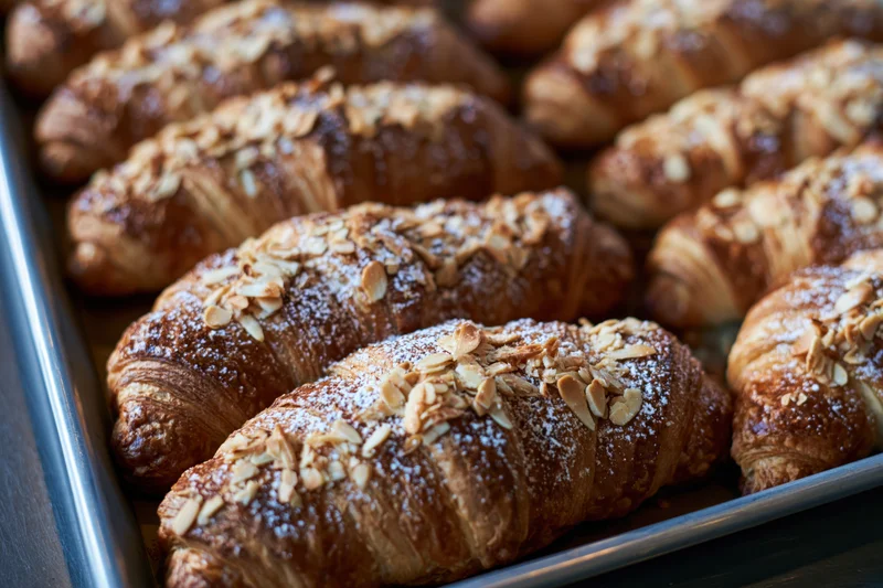 Rows of freshly baked almond croissants arranged tightly on a metal tray