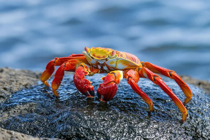 Sallylightfoot crab perched on wet black volcanic rock by the ocean