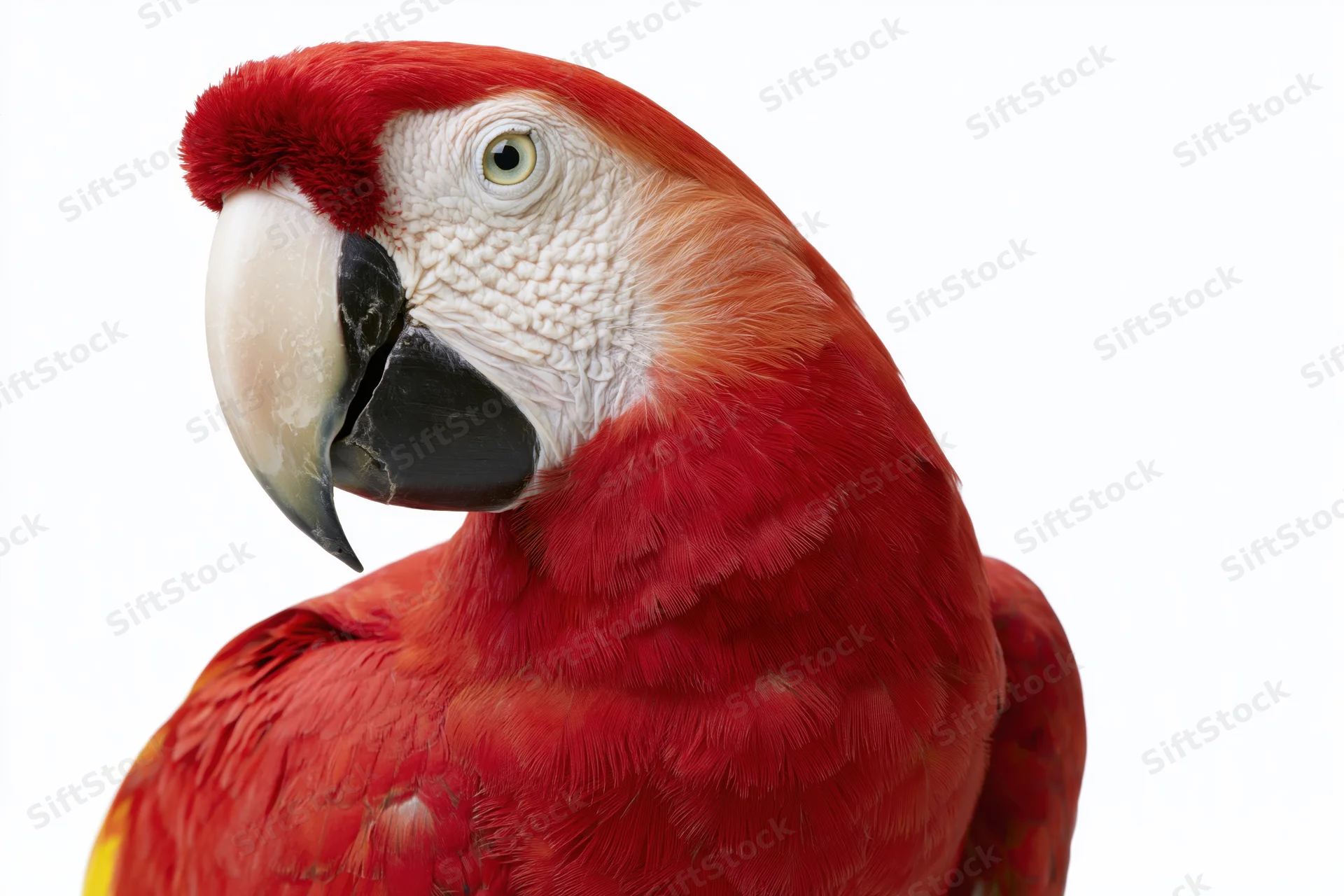 Scarlet macaw in profile with red plumage and white face against white background