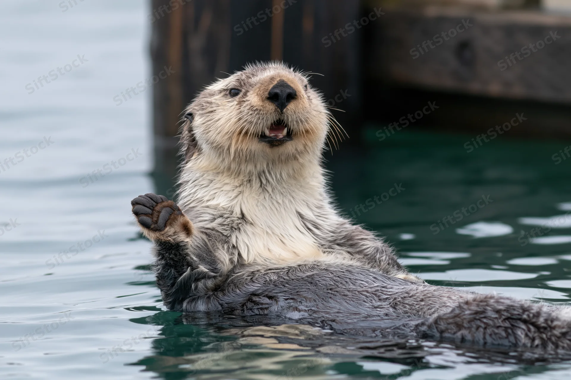 Sea otter floating on its back in calm water with one paw raised near a wooden dock