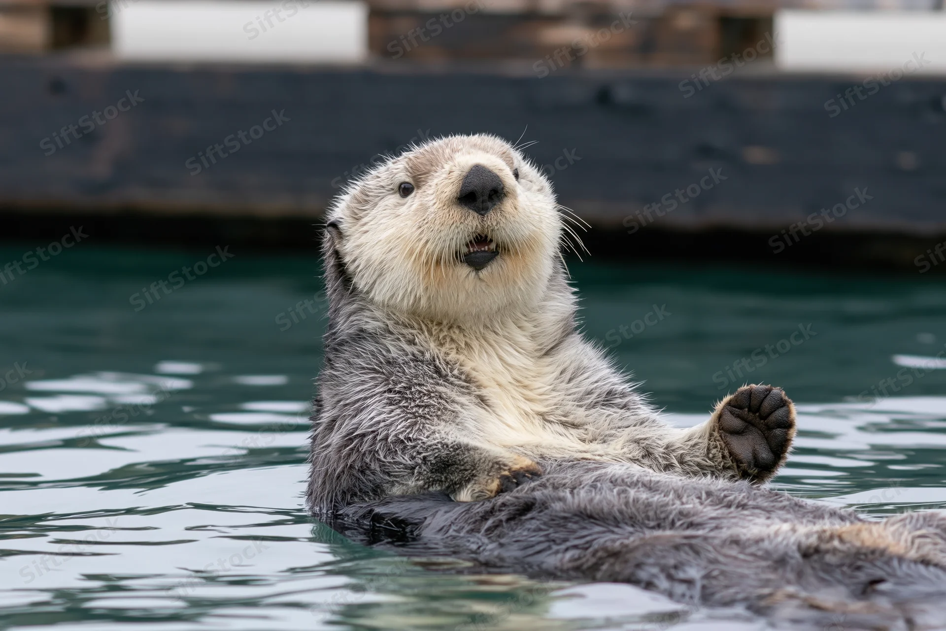 Sea otter floating on its back with one paw raised in calm water near a dock