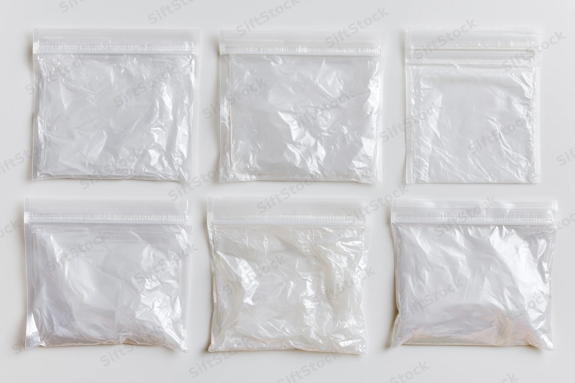 Six clear plastic polybags arranged in two rows on a white surface