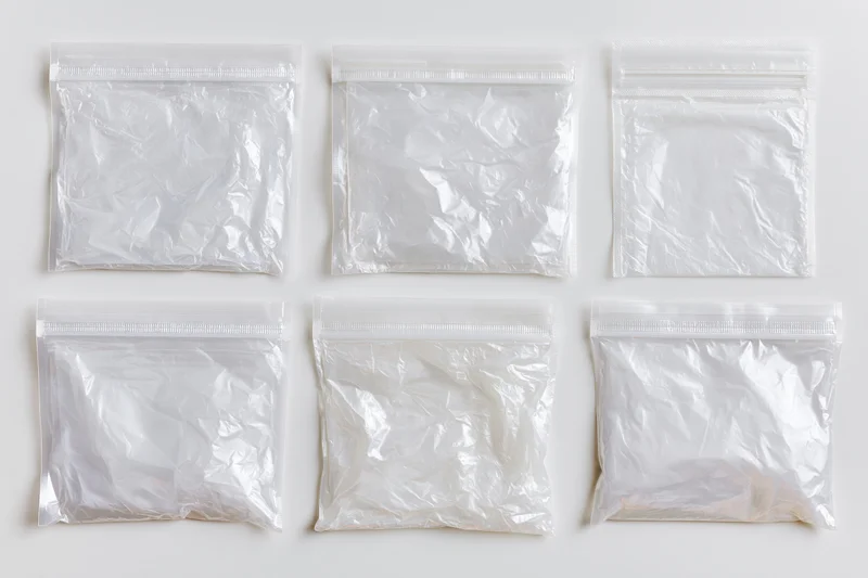Six clear plastic polybags arranged in two rows on a white surface