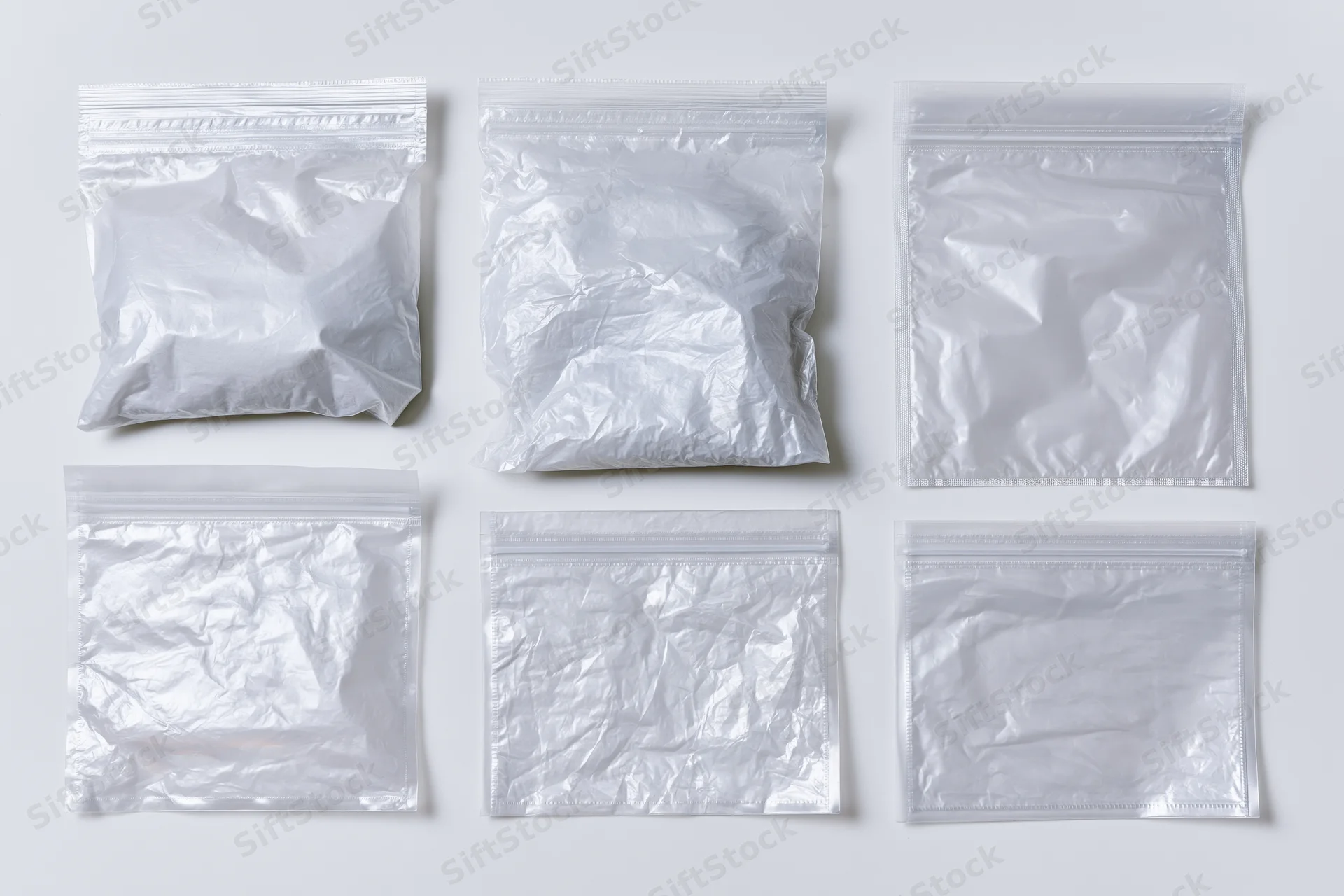 Six clear plastic polybags arranged flat on white surface in two rows