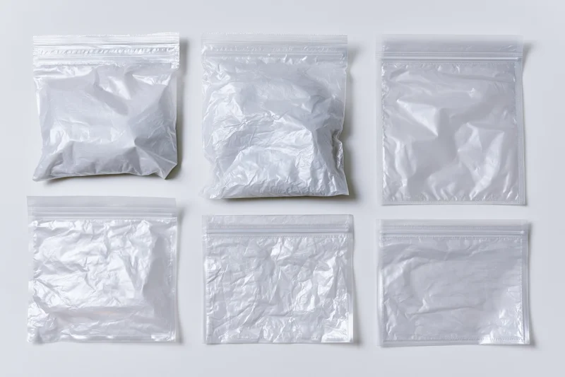 Six clear plastic polybags arranged flat on white surface in two rows