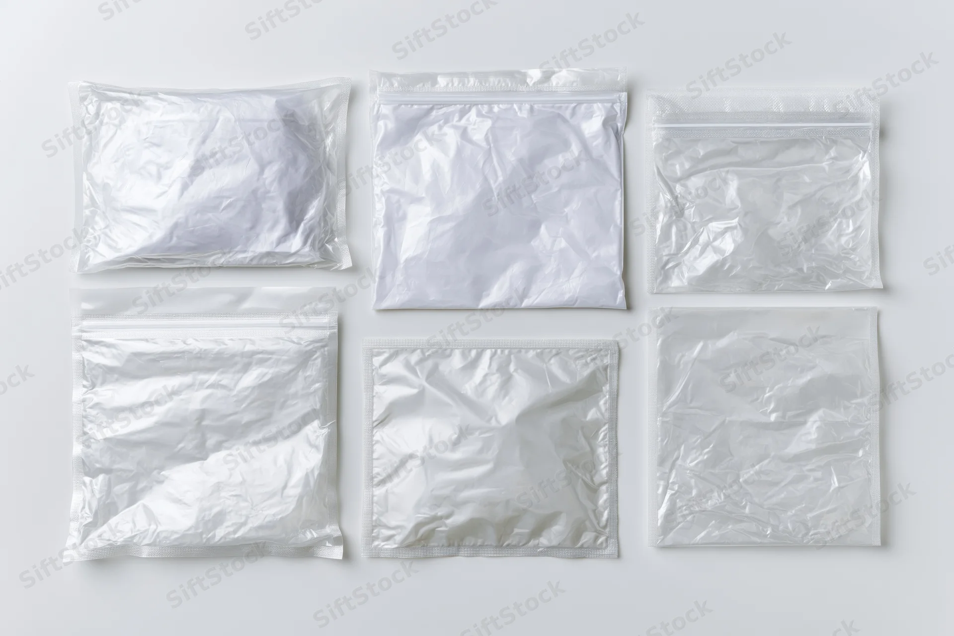 Six clear plastic polybags arranged in a grid on a white surface