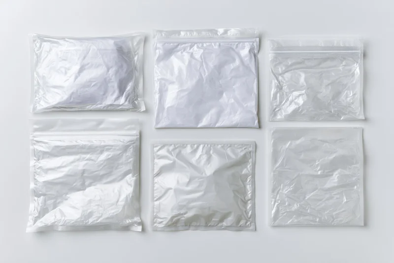 Six clear plastic polybags arranged in a grid on a white surface