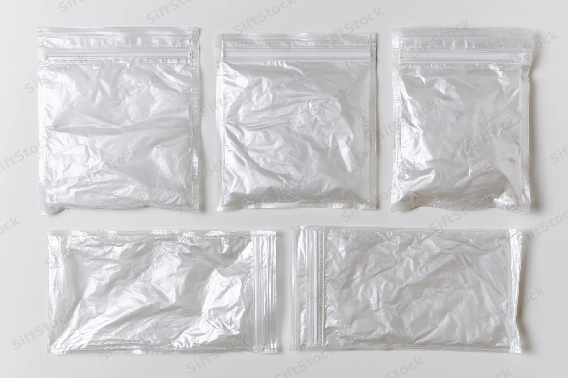 Five clear plastic polybags with zipper seals arranged flat on white background