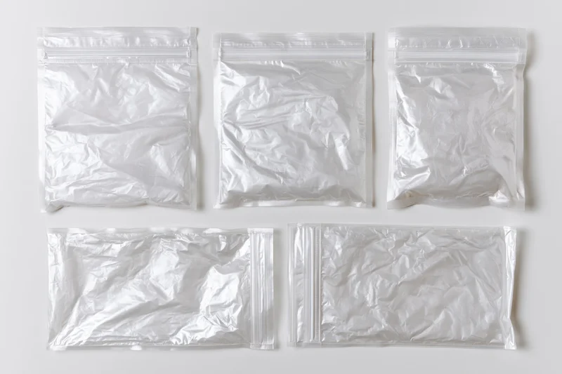 Five clear plastic polybags with zipper seals arranged flat on white background