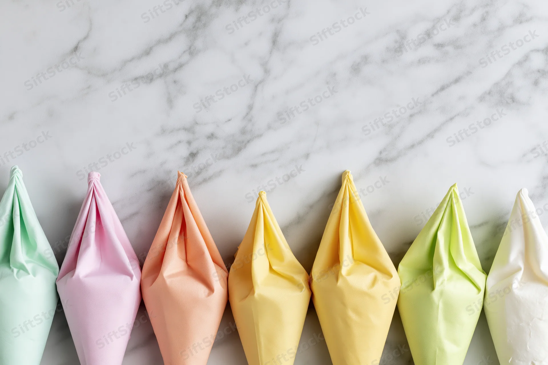 Seven pastel-colored frosting piping bags arranged in a row on a marble surface