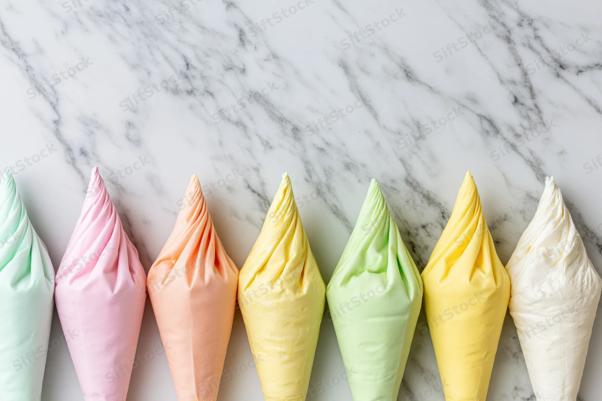 Seven pastel-colored frosting piping bags arranged in a row on a marble countertop