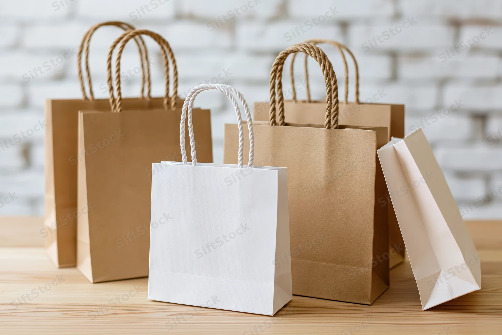 Several kraft paper shopping bags and one white paper bag arranged on a wooden table against a white brick wall