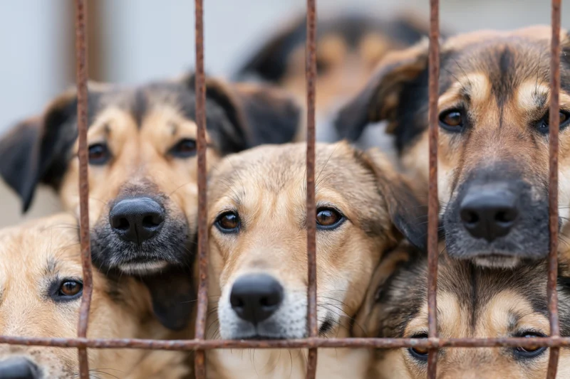 Mixed-breed dogs pressing faces against rusty metal bars in a shelter enclosure