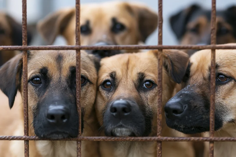 Mixed-breed dogs pressing faces against rusty metal cage bars in animal shelter