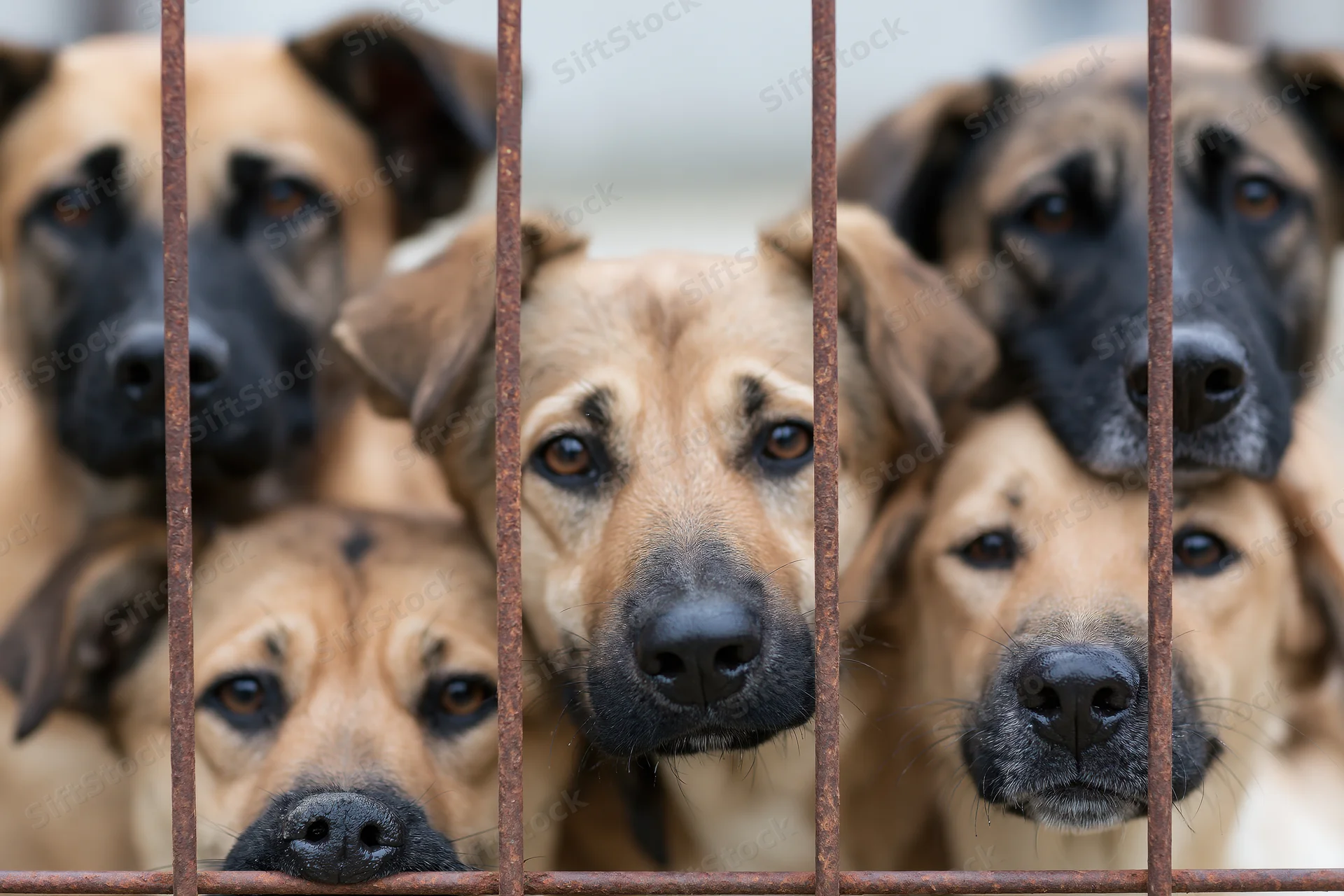 Mixed-breed dogs pressing faces against rusty metal bars in a shelter enclosure