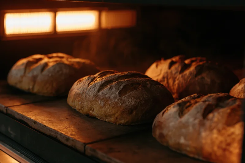 Sourdough loaves baking on a stone deck inside an oven