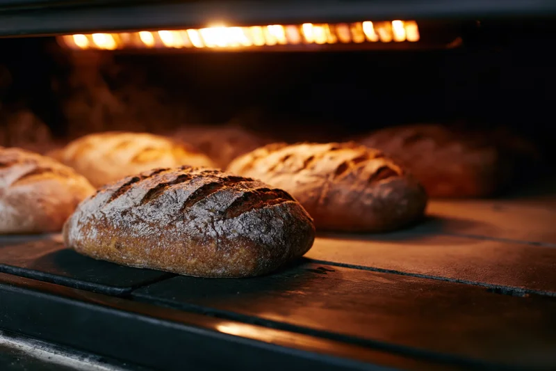 Sourdough loaves baking on a stone deck inside an oven