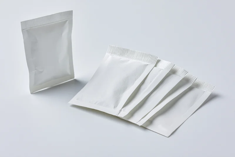 White foil sachet packets arranged on plain surface for product display