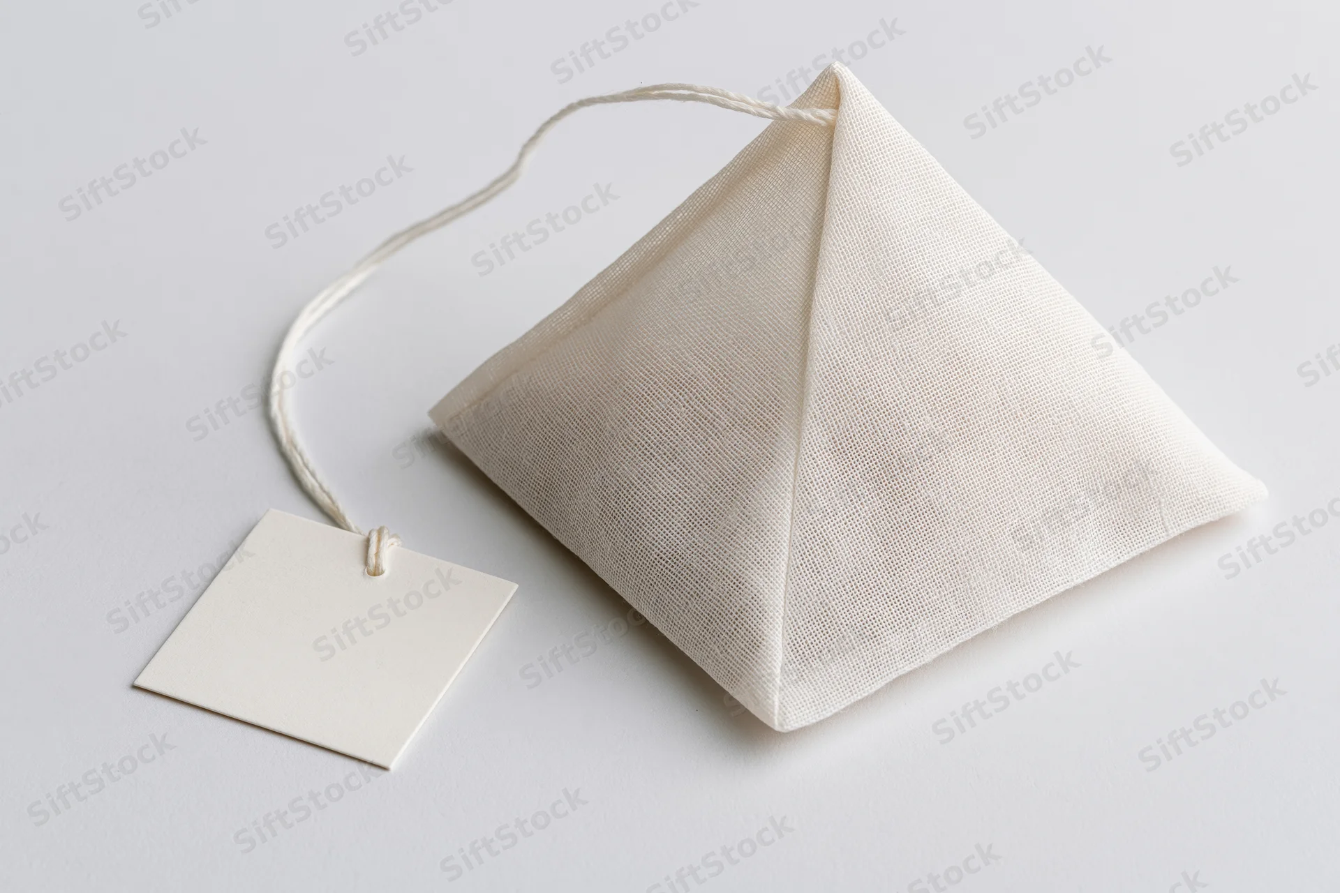 Pyramid-shaped tea bag with white mesh fabric and blank paper tag on white background