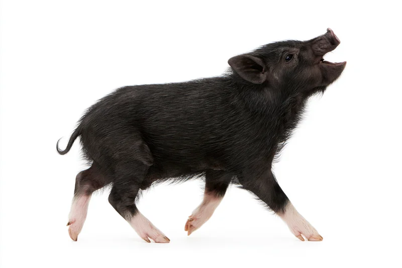 Black wild boar piglet mid-stride with mouth open against white background
