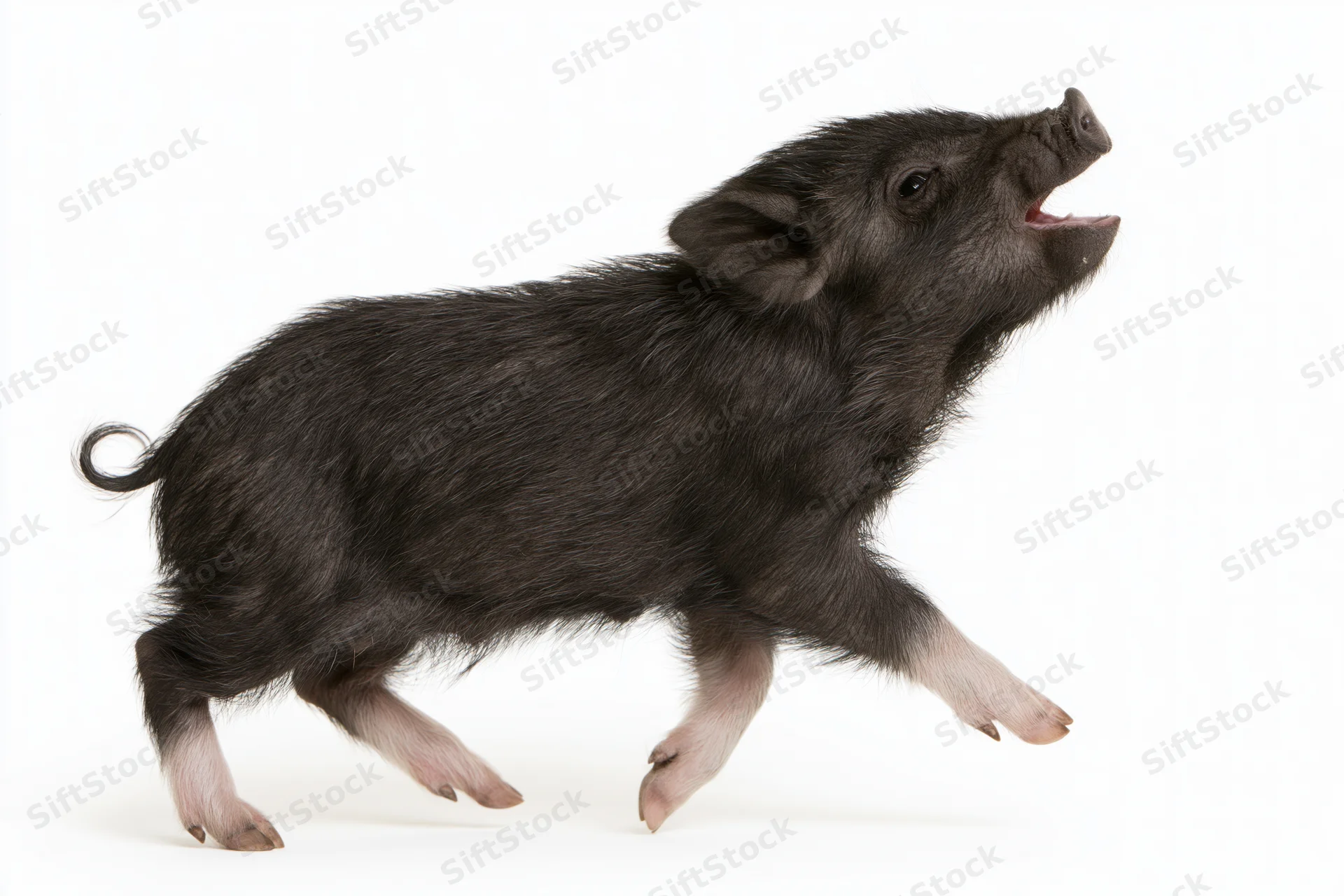 Black wild boar piglet mid-stride with mouth open against white background