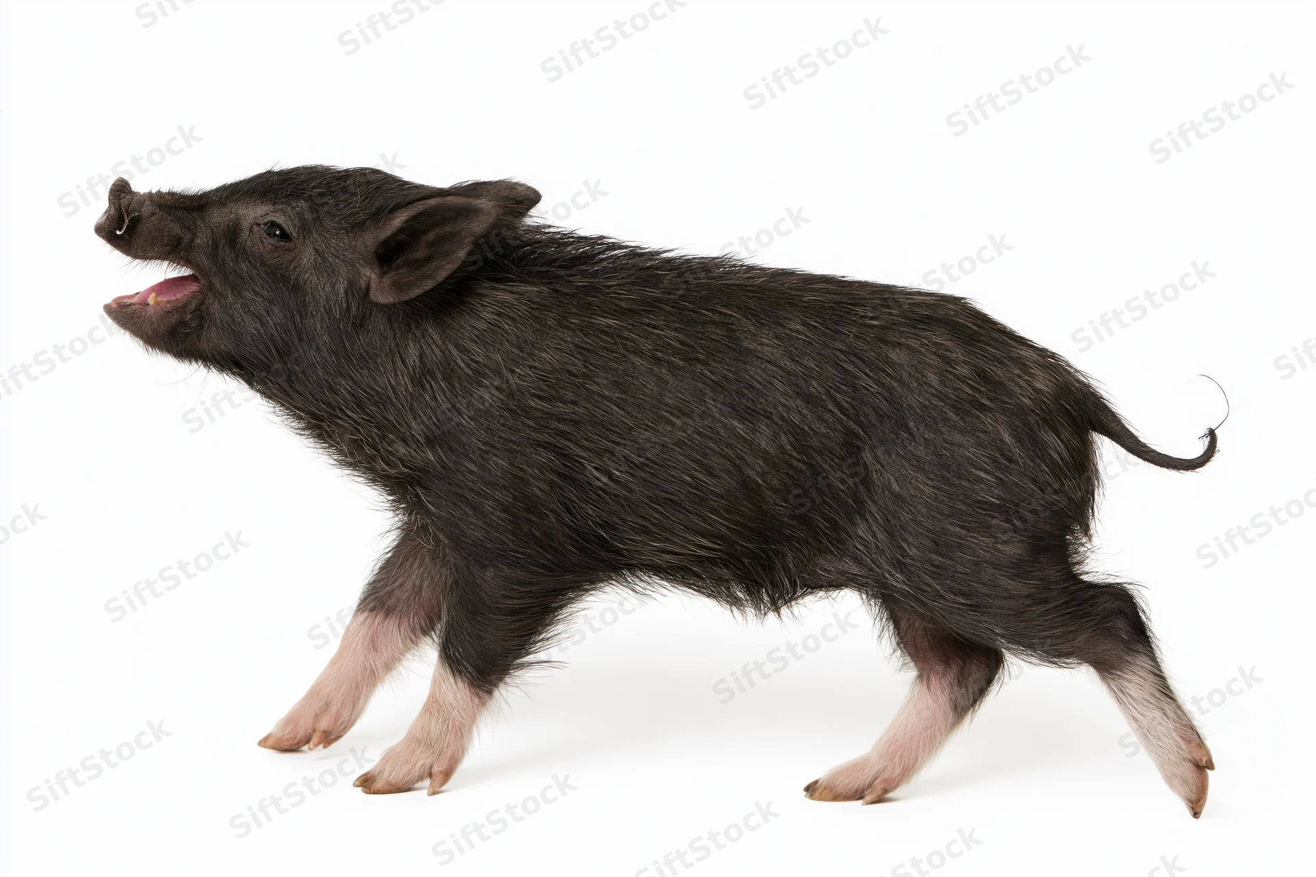 Black wild boar piglet mid-stride with open mouth in studio setting