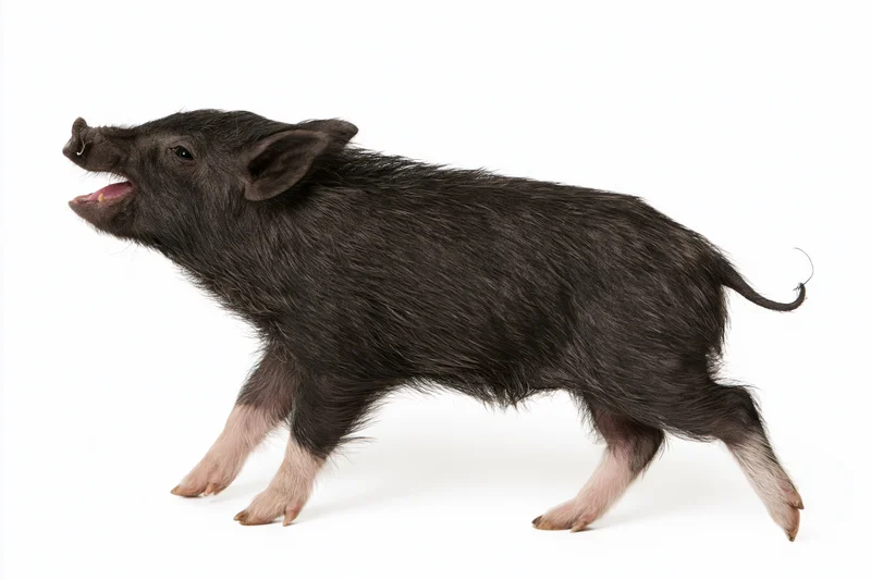 Black wild boar piglet mid-stride with open mouth in studio setting