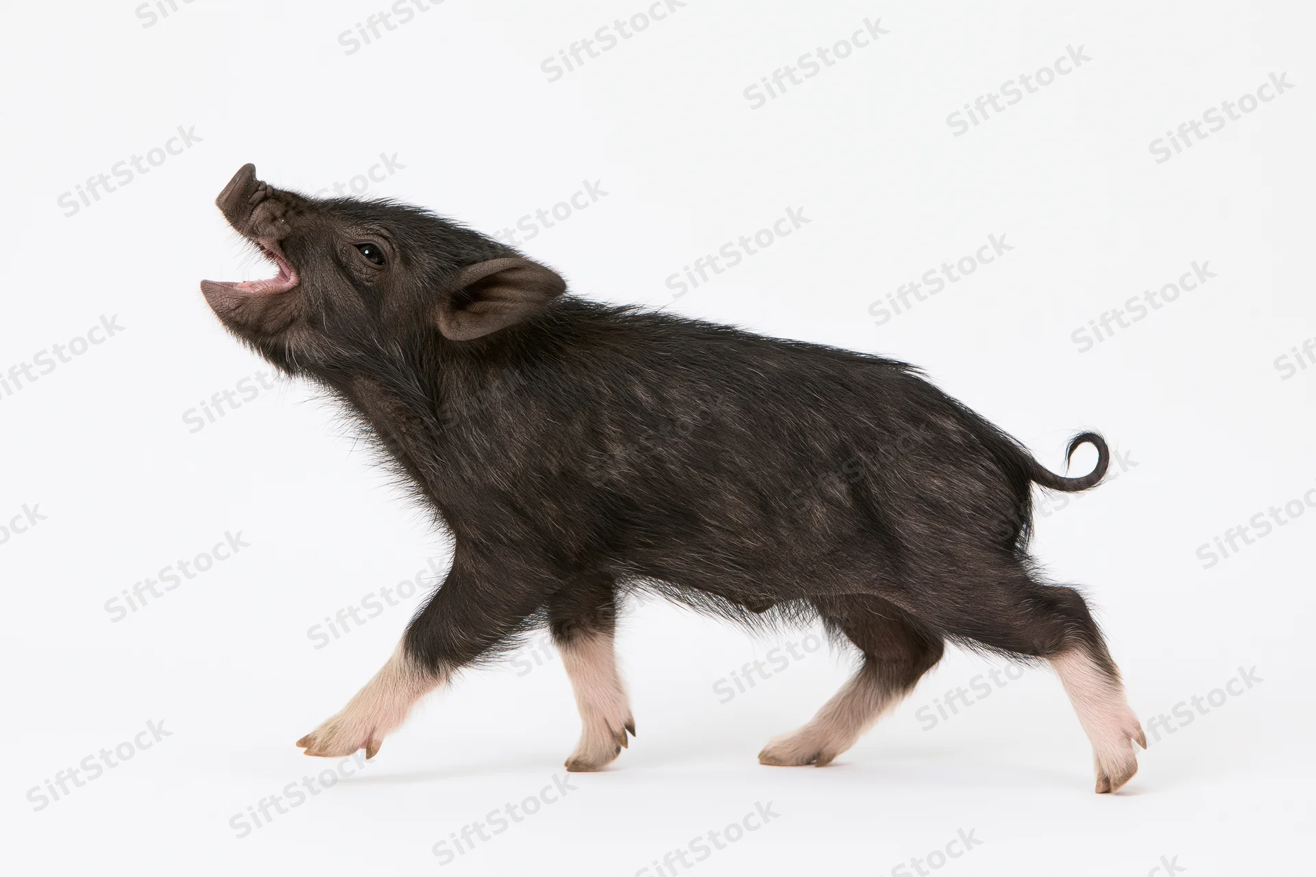 Black wild boar piglet mid-stride with open mouth on white background