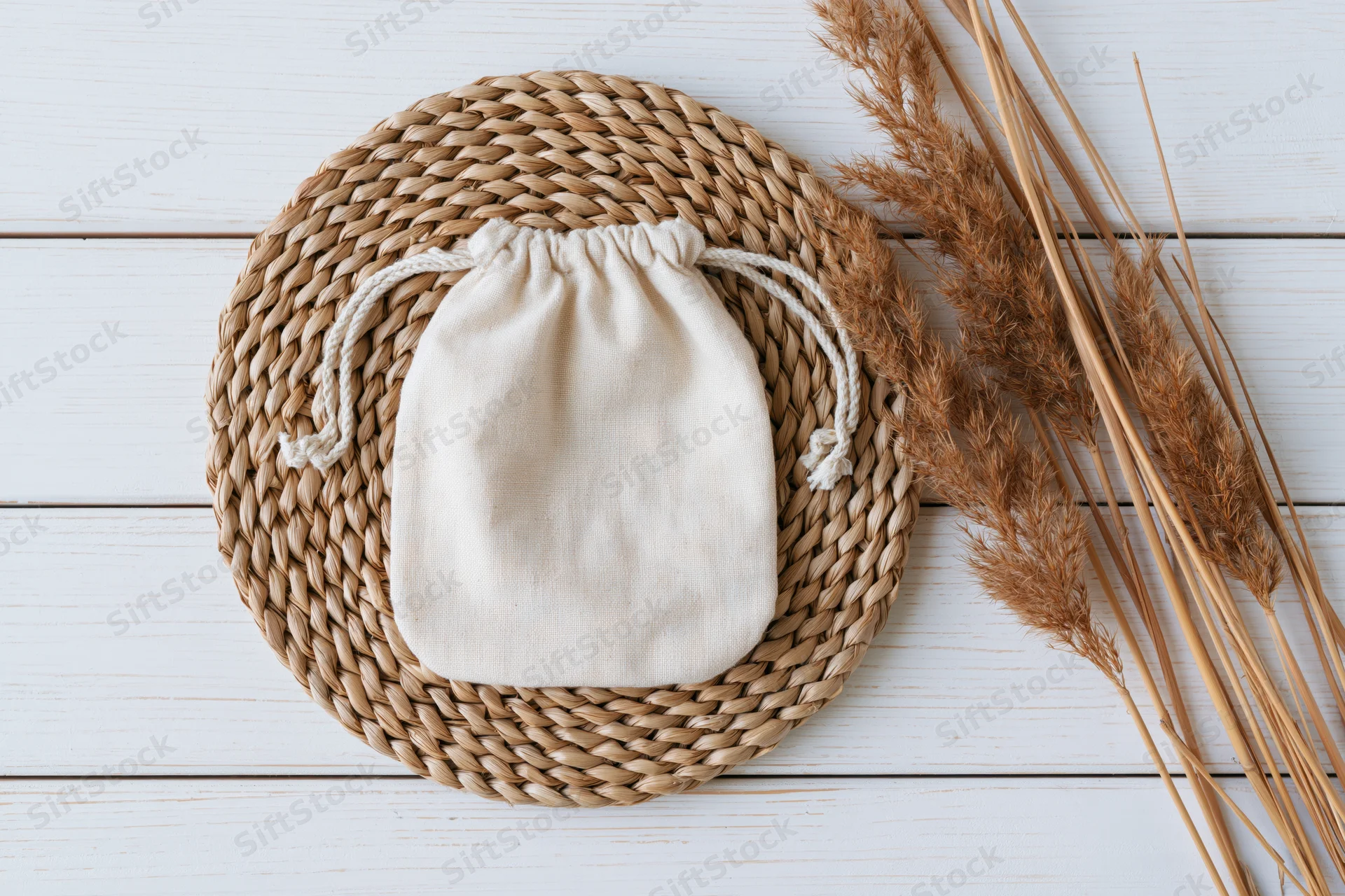 Cream cotton drawstring pouch on woven placemat with dried pampas grass on white wooden surface