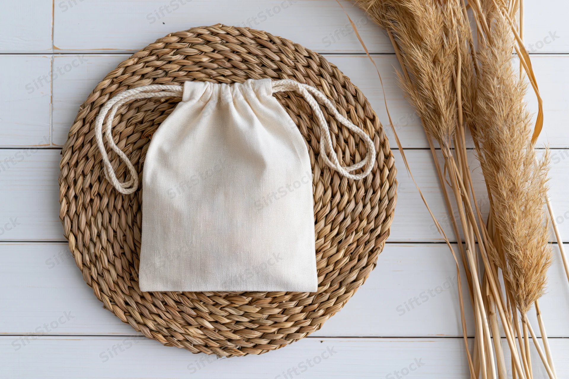 Cream cotton drawstring pouch on woven placemat with pampas grass on white wooden surface
