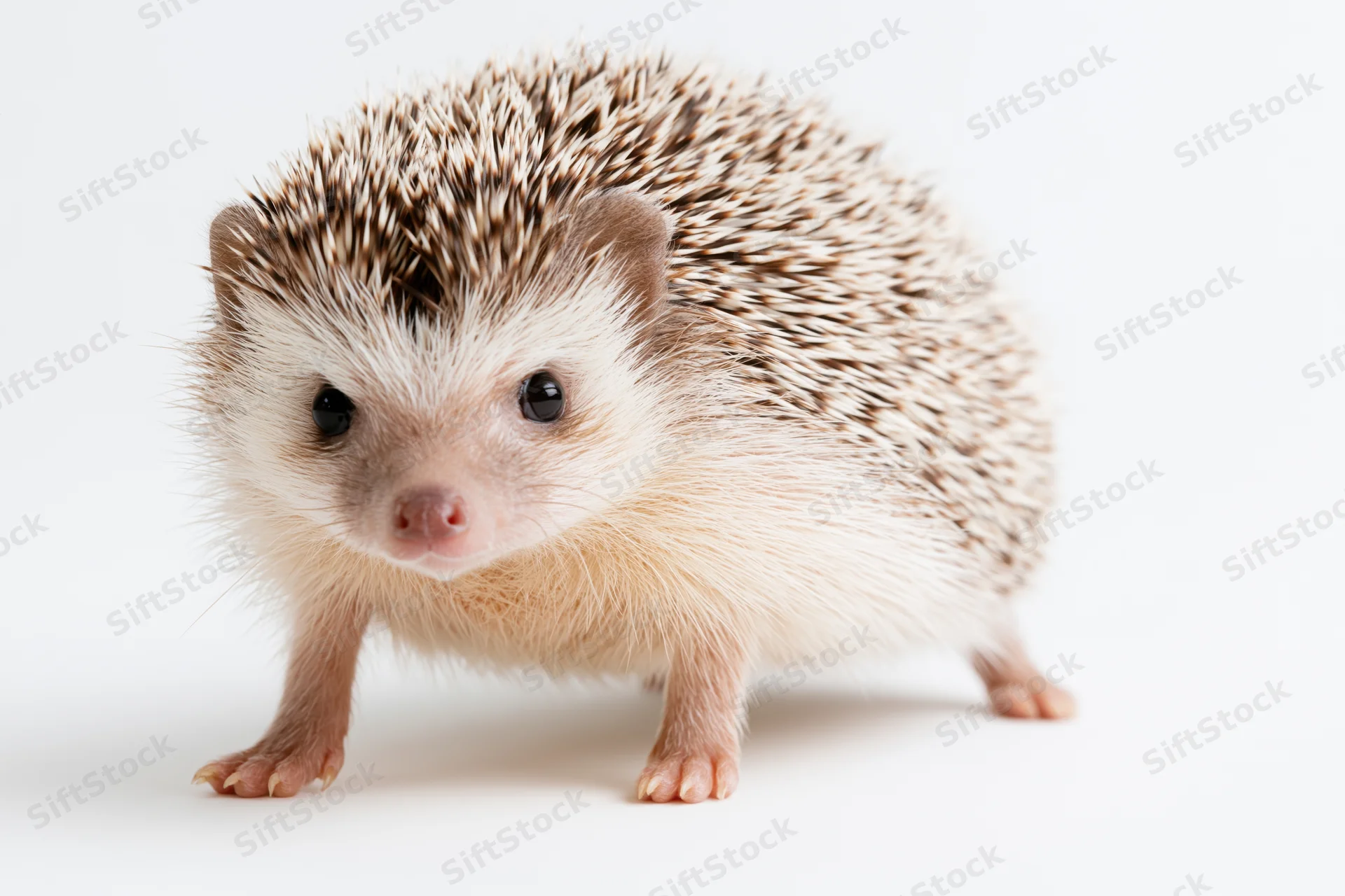 Small hedgehog standing alert and facing the camera on plain white background
