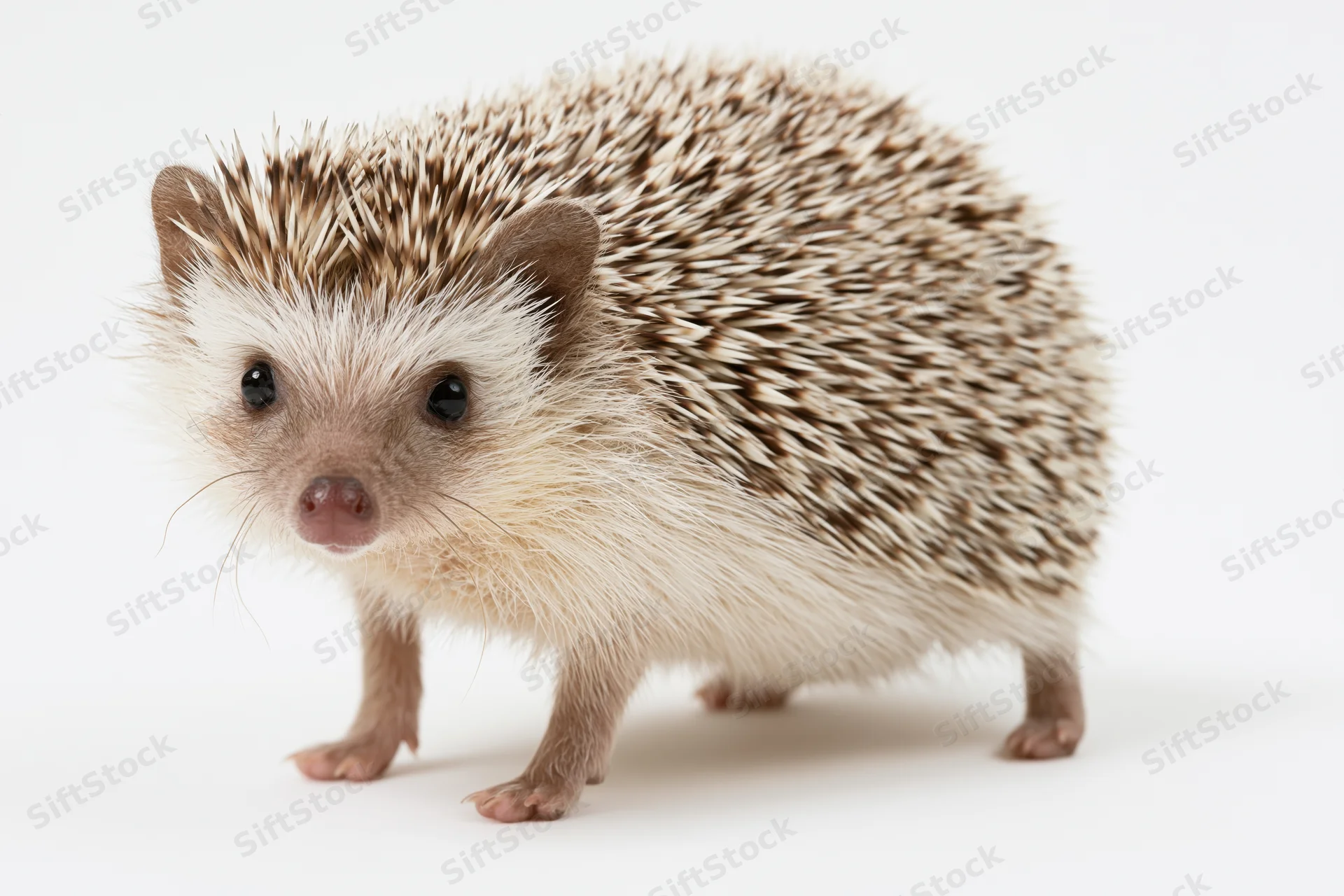 Small hedgehog standing alert and facing the camera on white background