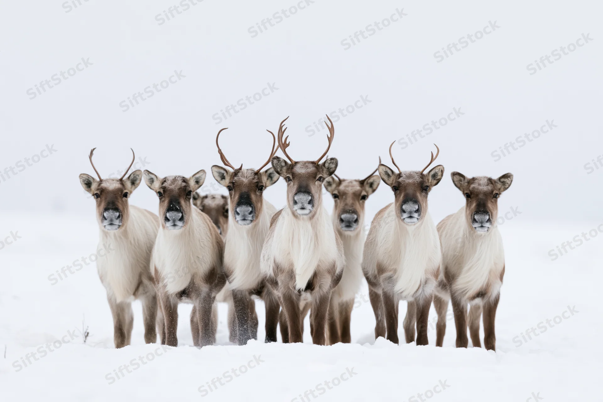 Seven caribou standing alert in deep snow in arctic tundra