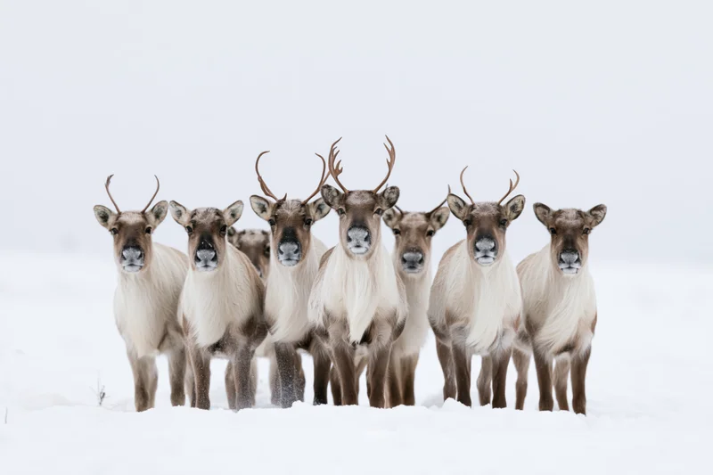 Seven caribou standing alert in deep snow in arctic tundra