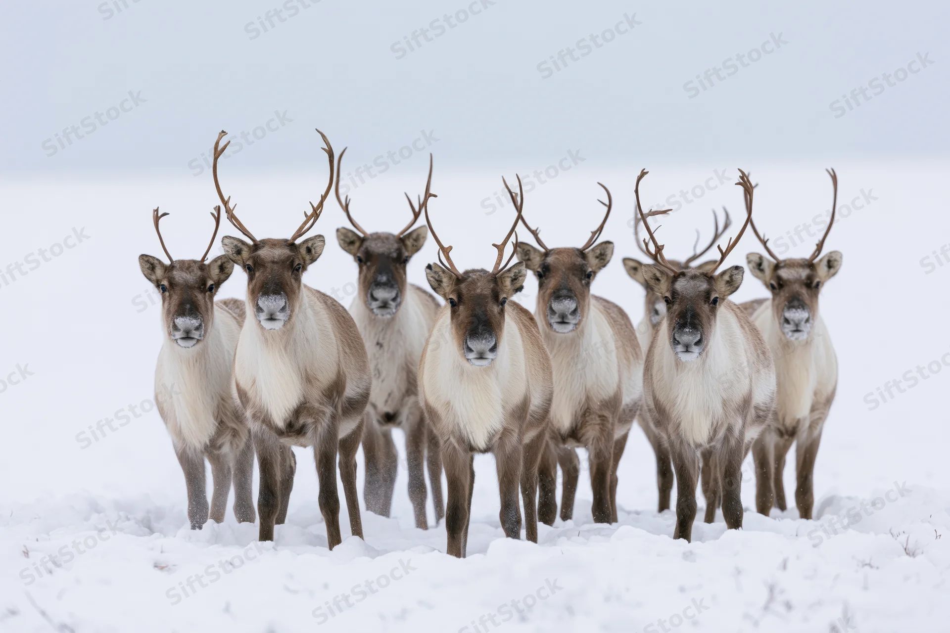 Seven caribou standing alert in deep snow in arctic landscape