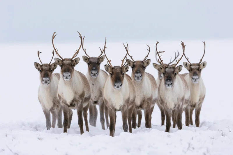 Seven caribou standing alert in deep snow in arctic landscape