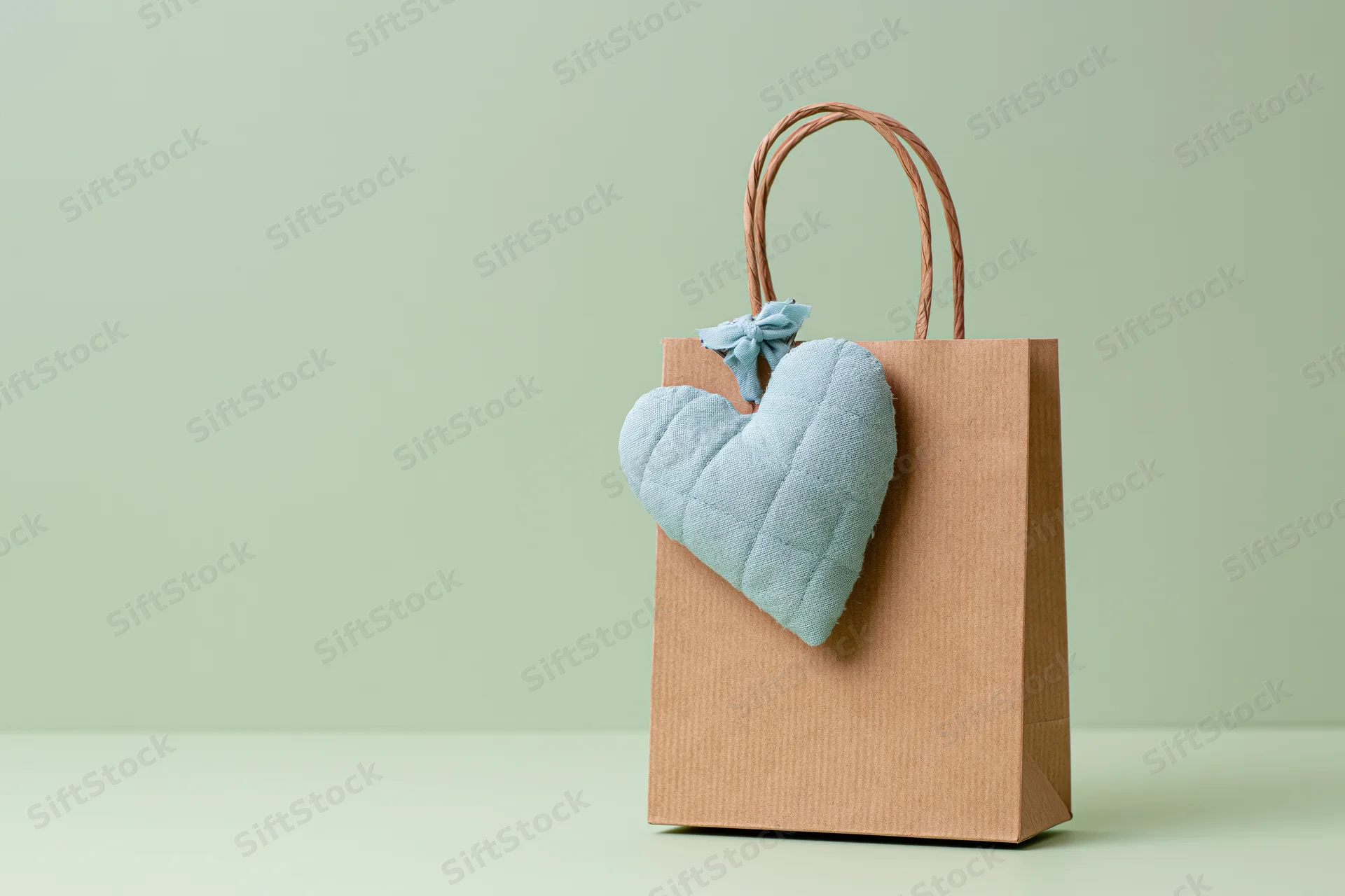 Kraft paper bag with a blue fabric heart decoration on a light green surface