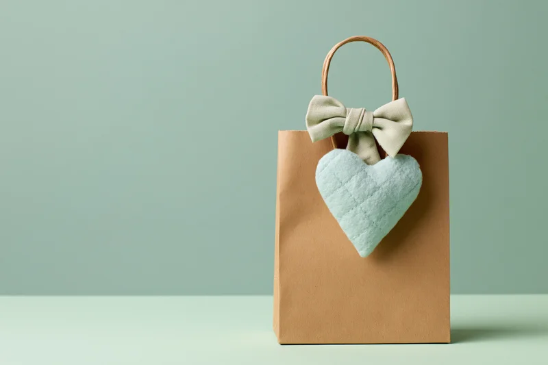 Kraft paper bag with a mint felt heart and bow on a pastel green surface